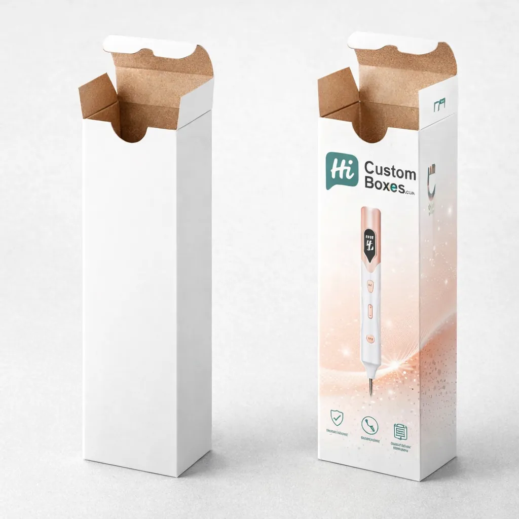 Two tall tuck-end retail boxes, one plain white and one showing a mole removal pen product image. class=